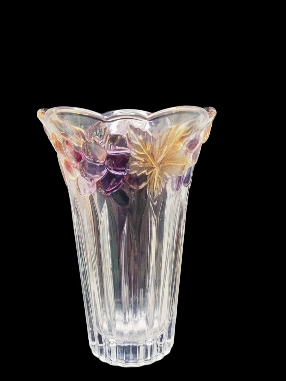 Vintage Crystal Scalloped Rim Vase with Purple and Gold Grape Vine Accents - Picture 3 of 7
